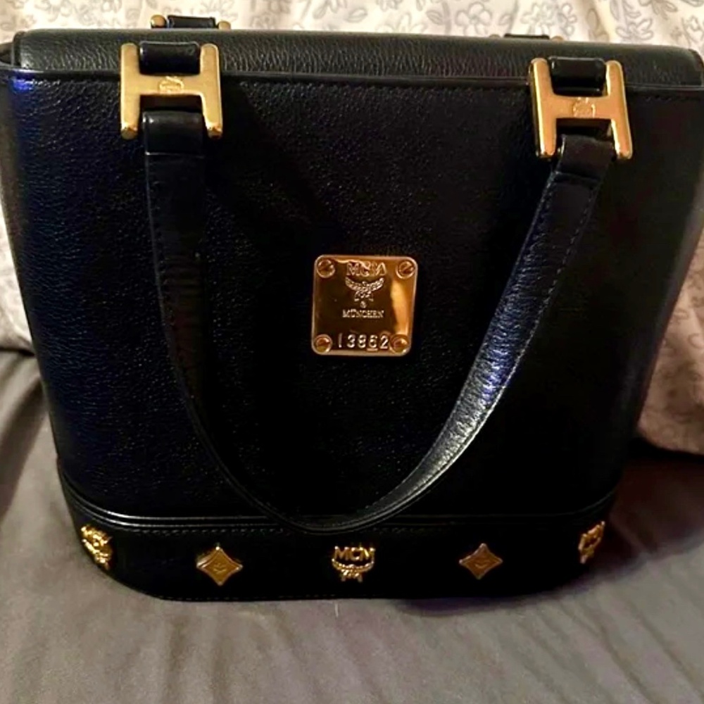 MCM GERMANY Vintage Studded Bucket Bag in Black And Gold